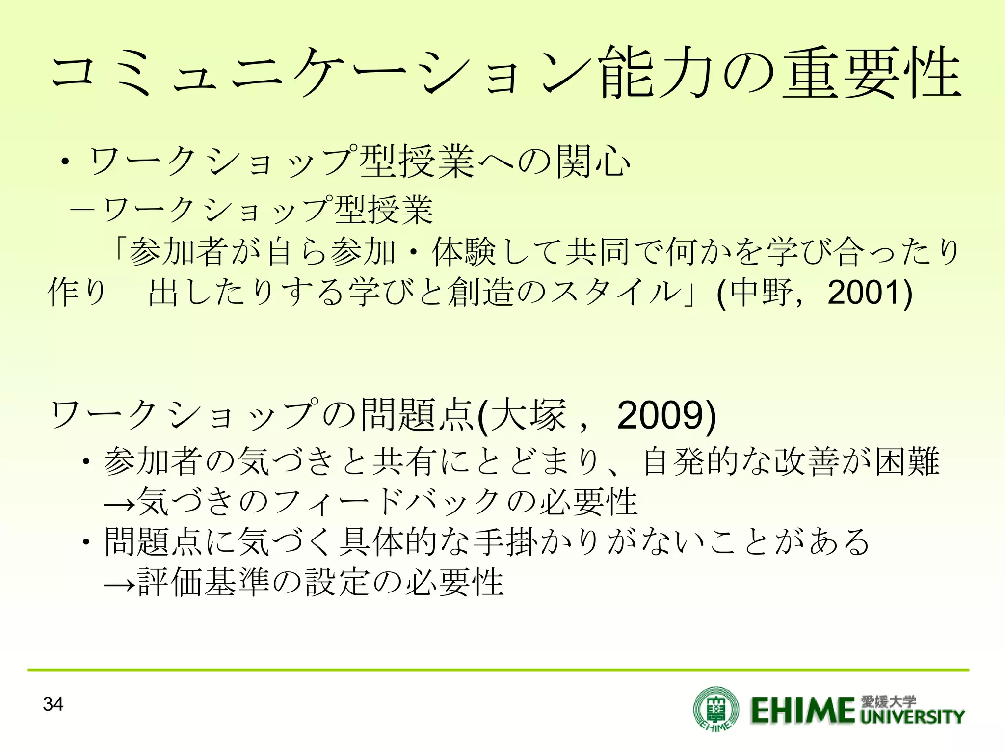 コミュニケーション能力の重要性
・ワークショップ型授業への関心
 －ワークショップ型授業
  「参加者が自ら参加・体験して共同で何かを学び合ったり
作り 出したりする学びと創造のスタイル」(中野，2001)


ワークショップの問題点(大塚 ，2009)
     ・参加者の気づきと共有にとどまり、自発的な改善が困難
      →気づきのフィードバックの必要性
     ・問題点に気づく具体的な手掛かりがないことがある
      →評価基準の設定の必要性


34
 