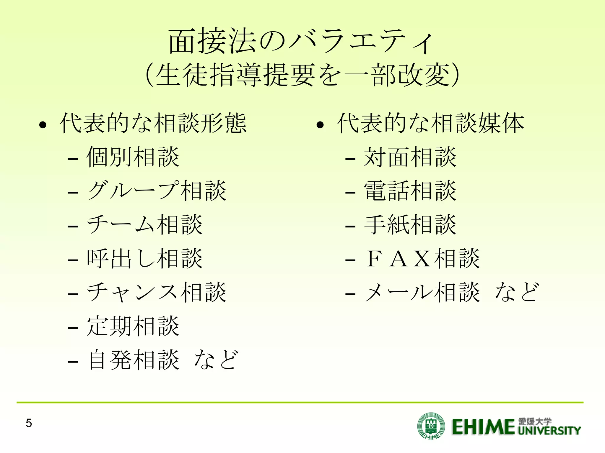 面接法のバラエティ
        （生徒指導提要を一部改変）
    • 代表的な相談形態    • 代表的な相談媒体
      – 個別相談        – 対面相談
      – グループ相談      – 電話相談
      – チーム相談       – 手紙相談
      – 呼出し相談       – ＦＡＸ相談
      – チャンス相談      – メール相談 など
      – 定期相談
      – 自発相談 など

5
 