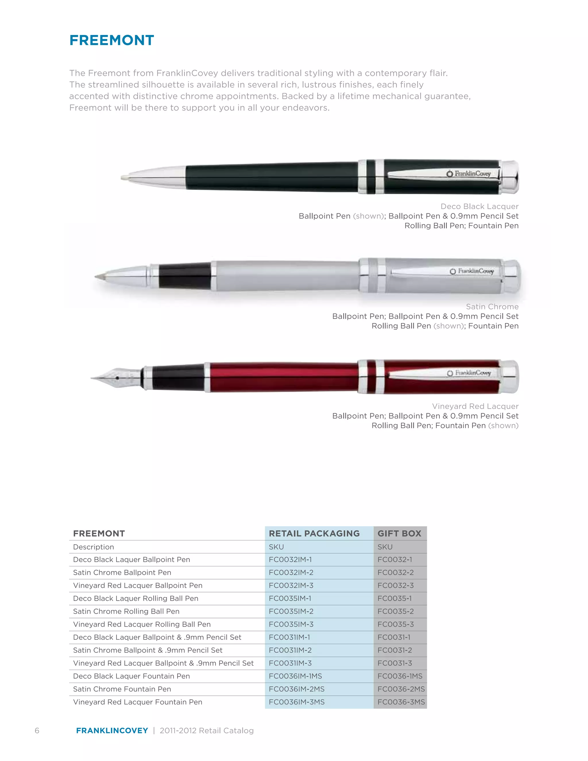 Franklin Covey Writing Instruments 2011/2012 Retail Catalog PDF