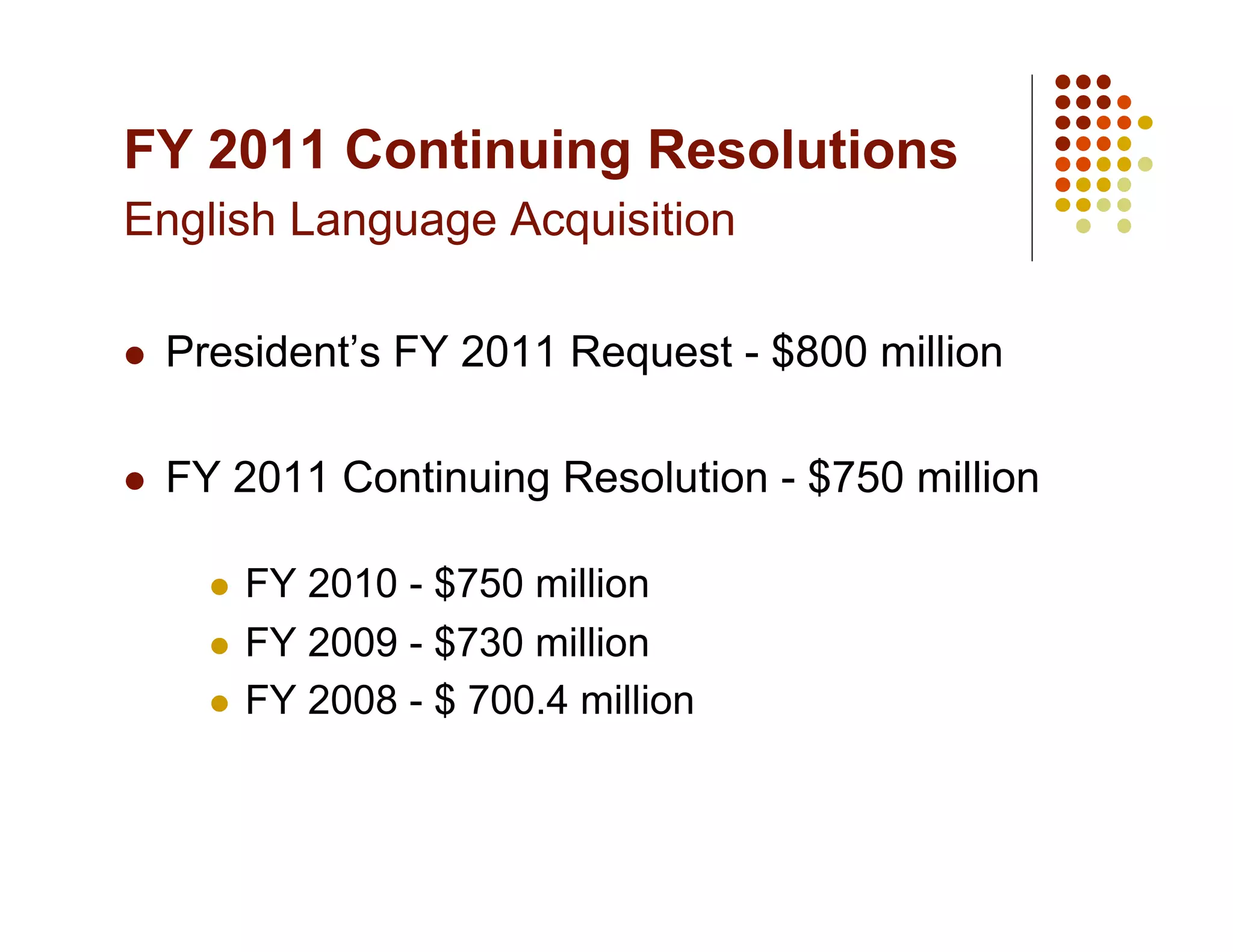 FY 2011 Continuing Resolutions
English Language Acquisition

    President’s FY 2011 Request - $800 million

    FY 2011 Continuing Resolution - $750 million

         FY 2010 - $750 million
         FY 2009 - $730 million

         FY 2008 - $ 700.4 million
 