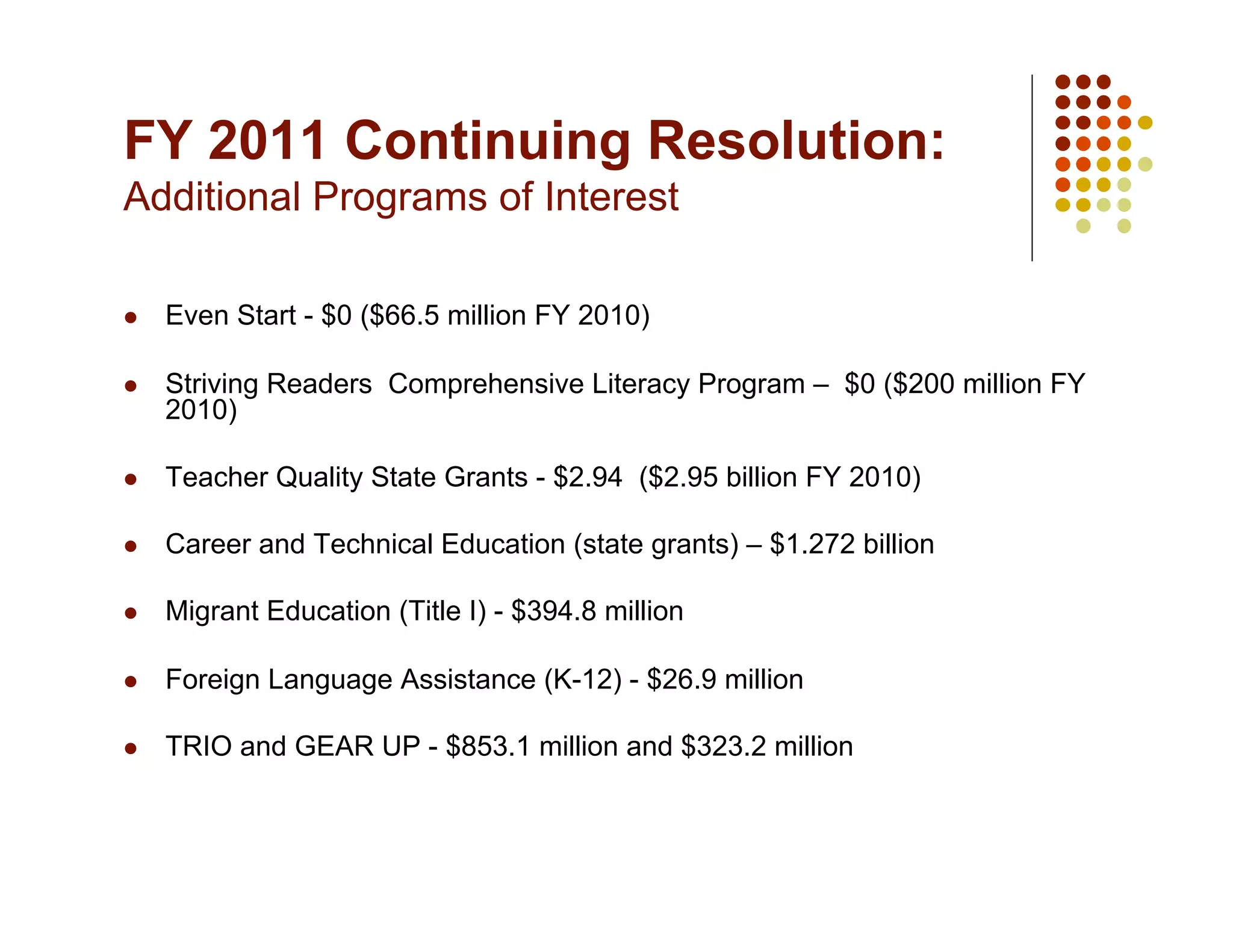FY 2011 Continuing Resolution:
Additional Programs of Interest

    Even Start - $0 ($66.5 million FY 2010)

    Striving Readers Comprehensive Literacy Program – $0 ($200 million FY
     2010)

    Teacher Quality State Grants - $2.94 ($2.95 billion FY 2010)

    Career and Technical Education (state grants) – $1.272 billion

    Migrant Education (Title I) - $394.8 million

    Foreign Language Assistance (K-12) - $26.9 million

    TRIO and GEAR UP - $853.1 million and $323.2 million
 