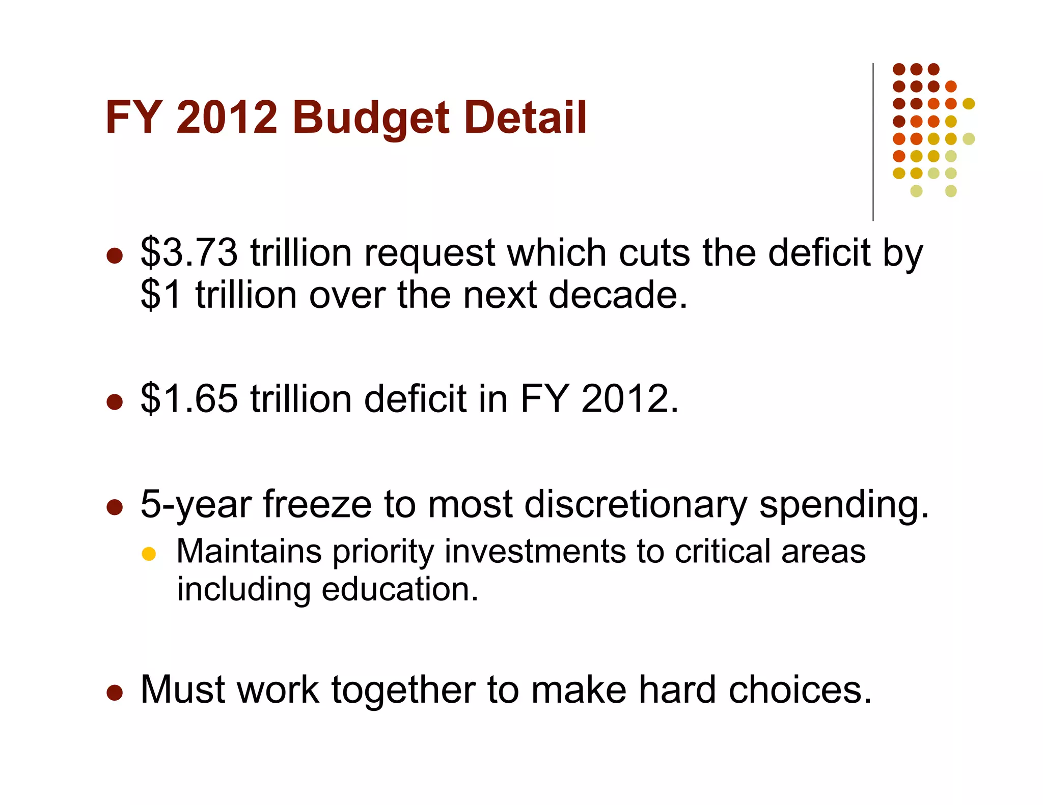 FY 2012 Budget Detail

    $3.73 trillion request which cuts the deficit by
     $1 trillion over the next decade.

    $1.65 trillion deficit in FY 2012.

    5-year freeze to most discretionary spending.
         Maintains priority investments to critical areas
          including education.

    Must work together to make hard choices.
 