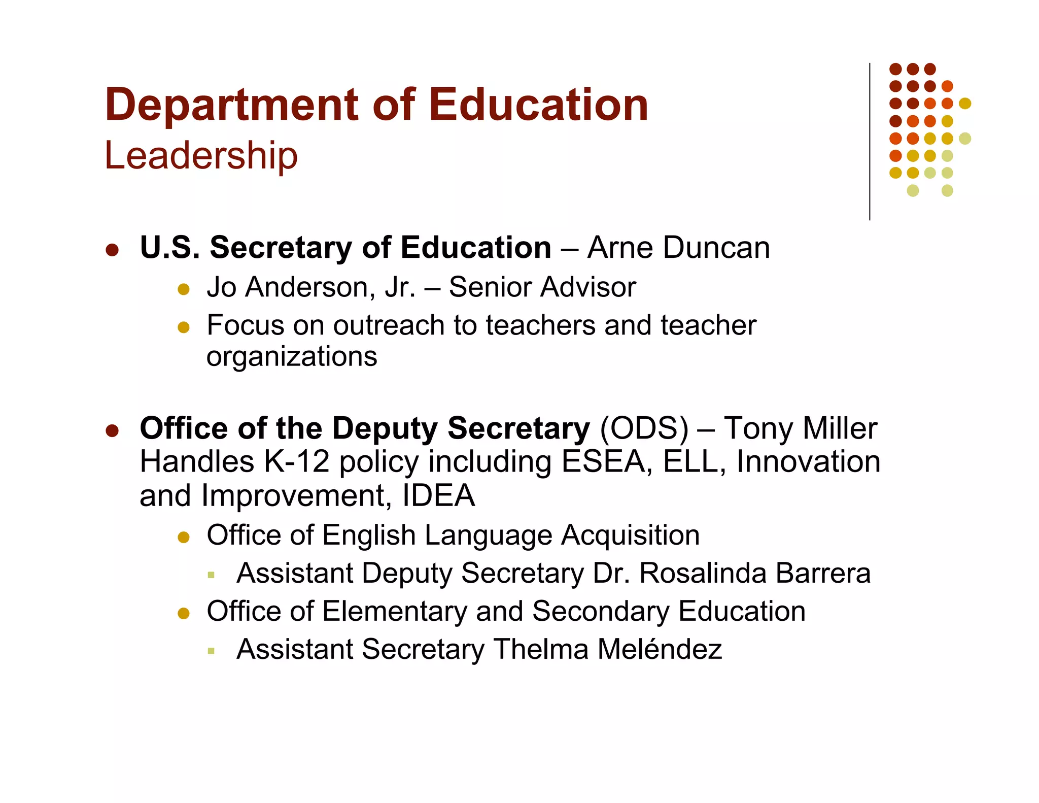 Department of Education
Leadership

    U.S. Secretary of Education – Arne Duncan
           Jo Anderson, Jr. – Senior Advisor
           Focus on outreach to teachers and teacher
            organizations

    Office of the Deputy Secretary (ODS) – Tony Miller
     Handles K-12 policy including ESEA, ELL, Innovation
     and Improvement, IDEA
           Office of English Language Acquisition
              Assistant Deputy Secretary Dr. Rosalinda Barrera
           Office of Elementary and Secondary Education
              Assistant Secretary Thelma Meléndez
 