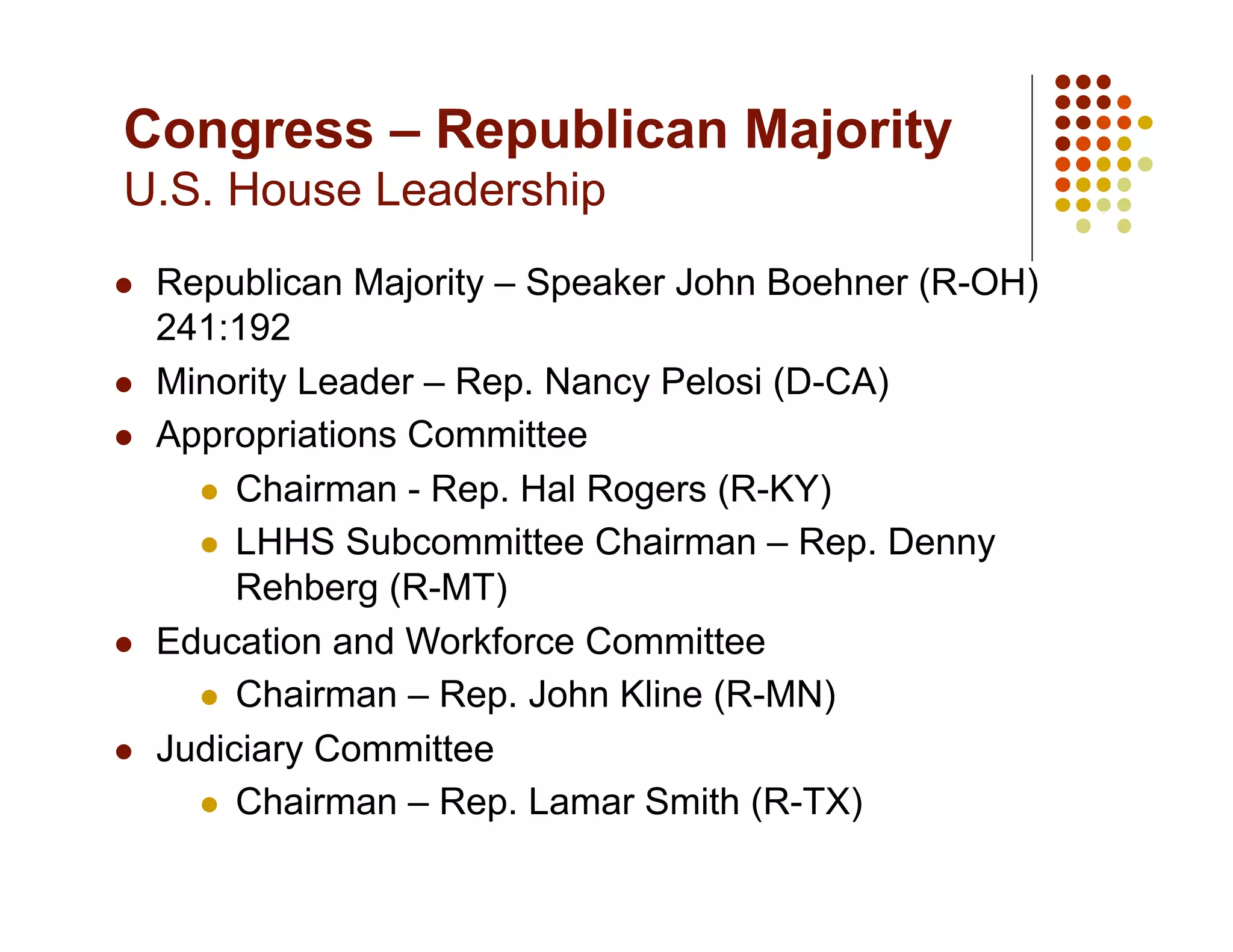 Congress – Republican Majority
U.S. House Leadership
    Republican Majority – Speaker John Boehner (R-OH)
     241:192
    Minority Leader – Rep. Nancy Pelosi (D-CA)
    Appropriations Committee
         Chairman - Rep. Hal Rogers (R-KY)

         LHHS Subcommittee Chairman – Rep. Denny
          Rehberg (R-MT)
    Education and Workforce Committee
         Chairman – Rep. John Kline (R-MN)

    Judiciary Committee
         Chairman – Rep. Lamar Smith (R-TX)
 