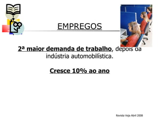 EMPREGOS 2ª maior demanda de trabalho , depois da indústria automobilística. Cresce 10% ao ano Revista Veja Abril 2008 