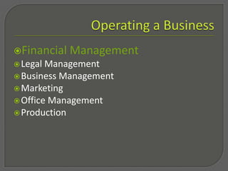 Operating a BusinessFinancial ManagementLegal ManagementBusiness ManagementMarketingOffice ManagementProduction
