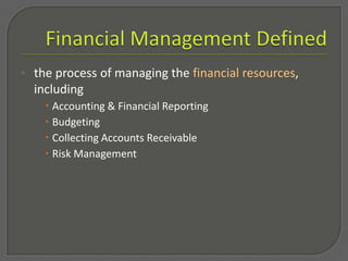 Financial Management Defined,[object Object],[object Object],Accounting & Financial Reporting,[object Object],Budgeting,[object Object],Collecting Accounts Receivable ,[object Object],Risk Management,[object Object]