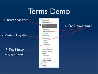 Terms Demo
1. Choose visitors
                             4. Do I have fans?

2. Visitor Loyalty


  3. Do I have
  engag...