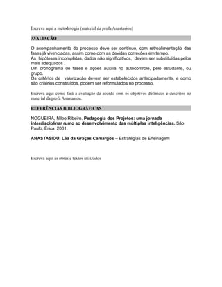 Escreva aqui a metodologia (material da profa Anastasiou)

AVALIAÇÃO

O acompanhamento do processo deve ser contínuo, com retroalimentação das
fases já vivenciadas, assim como com as devidas correções em tempo.
As hipóteses incompletas, dados não significativos, devem ser substituídas pelos
mais adequados .
Um cronograma de fases e ações auxilia no autocontrole, pelo estudante, ou
grupo.
Os critérios de valorização devem ser estabelecidos antecipadamente, e como
são critérios construídos, podem ser reformulados no processo.

Escreva aqui como fará a avaliação de acordo com os objetivos definidos e descritos no
material da profa Anastasiou.

REFERÊNCIAS BIBLIOGRÁFICAS

NOGUEIRA, Nilbo Ribeiro. Pedagogia dos Projetos: uma jornada
interdisciplinar rumo ao desenvolvimento das múltiplas inteligências. São
Paulo, Érica, 2001.

ANASTASIOU, Léa da Graças Camargos – Estratégias de Ensinagem



Escreva aqui as obras e textos utilizados
 