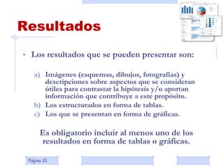 Página 10
Resultados
• Los resultados que se pueden presentar son:
a) Imágenes (esquemas, dibujos, fotografías) y
descripciones sobre aspectos que se consideran
útiles para contrastar la hipótesis y/o aportan
información que contribuye a este propósito.
b) Los estructurados en forma de tablas.
c) Los que se presentan en forma de gráficas.
Es obligatorio incluir al menos uno de los
resultados en forma de tablas o gráficas.
 