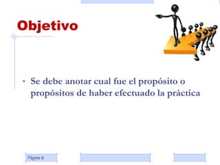Página 6
Objetivo
• Se debe anotar cual fue el propósito o
propósitos de haber efectuado la práctica
 