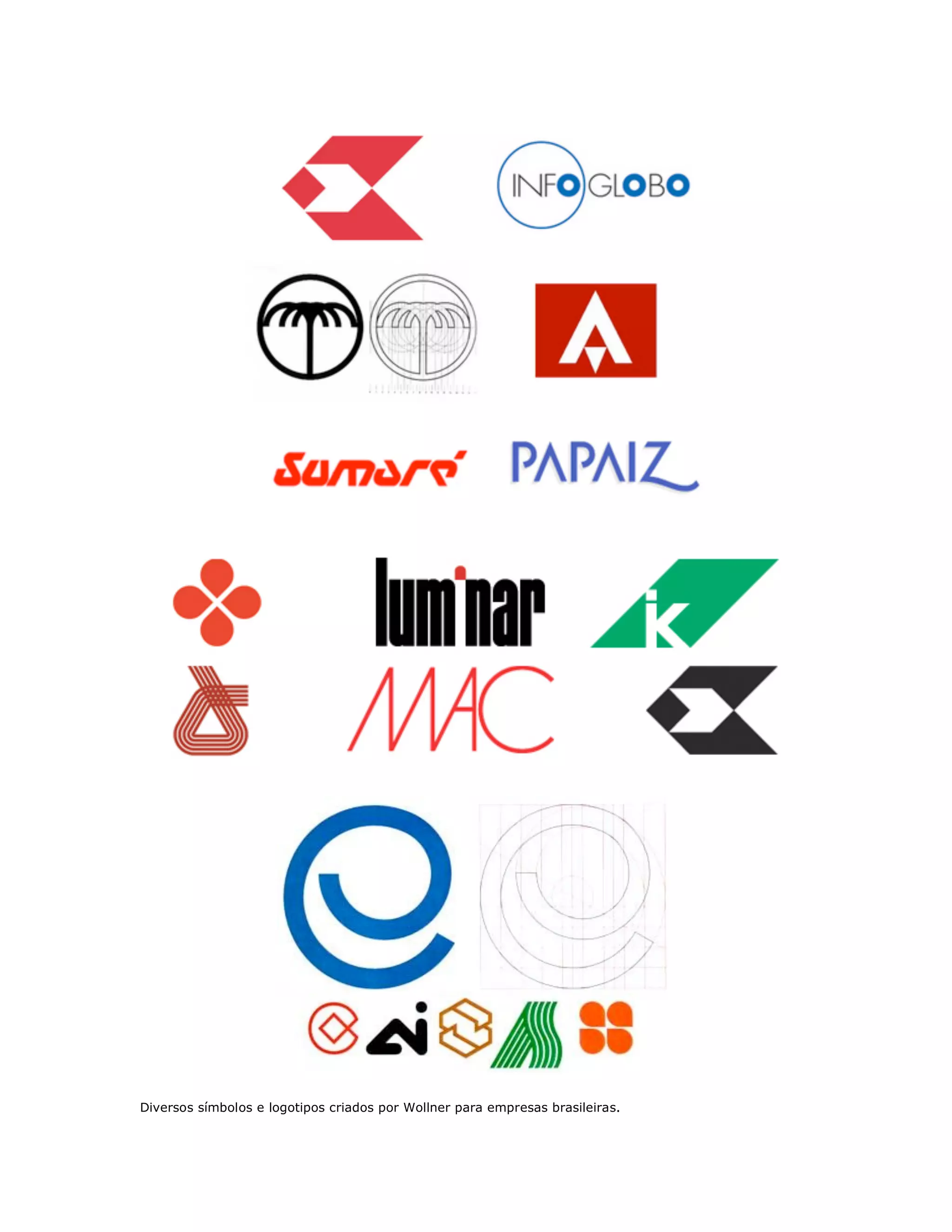 Diversos símbolos e logotipos criados por Wollner para empresas brasileiras.
 