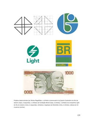 Projetos desenvolvidos por Aloísio Magalhães: o símbolo comemorativo do Quarto Centenário do Rio de
Janeiro (topo, à esquerda); o símbolo da Fundação Bienal (topo, à direita); o símbolo da companhia Light
do Rio de Janeiro (meio, à esquerda); símbolos e logotipos da Petrobrás (meio, à direita); cédula de mil
cruzeiros (acima).




                                                                                                      135
 
