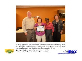 “I really appreciate our early classes where we learned about working from our strengths, and I also enjoyed talking with many of you.  Thanks to all of you for helping me and to (my coach) for keeping me on task.”Mary Ann Welling - Interfaith Emergency Assistance