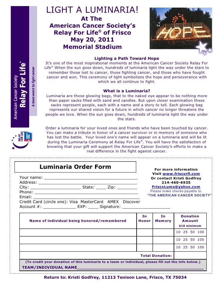 2011 frisco relay for life luninaria order form relay for life form