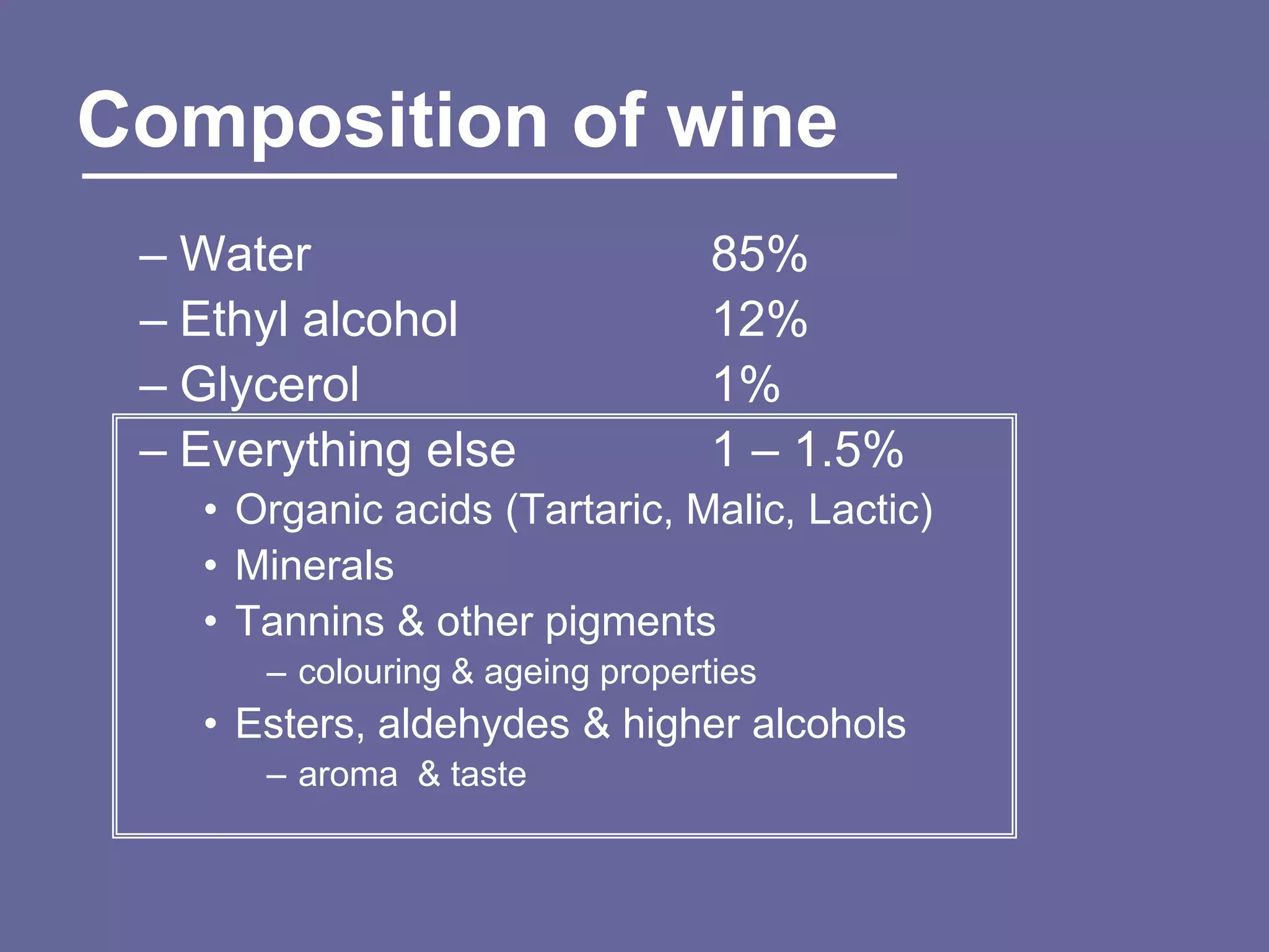 Composition of wine
 – Water                          85%
 – Ethyl alcohol                  12%
 – Glycerol                       1%
 – Everything else                1 – 1.5%
   • Organic acids (Tartaric, Malic, Lactic)
   • Minerals
   • Tannins & other pigments
      – colouring & ageing properties
   • Esters, aldehydes & higher alcohols
      – aroma & taste
 