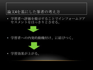 論文4を基にした筆者の考え方
• 学習者へ評価を提示することでインフォームドア
  セスメントをはっきりとさせる。



• 学習者への内発的動機付け、に結びつく。



• 学習効果が上がる。
 