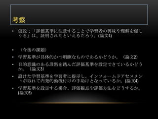 • 仮説；「評価基準に注意することで学習者の興味や理解を促し
  うる」は、証明されたといえるだろう。(論文4)


• 〈今後の課題〉
• 学習基準が具体的かつ明瞭なものであるかどうか。（論文2）
• 目的意識のある段階を踏んだ評価基準を設定できているかどう
  か。（論文3）
• 設けた学習基準を学習者に提示し、インフォームドアセスメン
  トが取れて内発的動機付けの手助けとなっているか。(論文4)
• 学習基準を設定する場合、評価観点や評価方法をどうするか。
  (論文5)
 