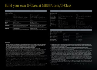 Build your own G-Class at MBUSA.com/G-Class
                        G 550                                                  G 55 AMG                                                                       G 550                                                  G 55 AMG

SPECIFICATIONS                                                                                                                        DIMENSIONS
Engine                  5.5-liter V-8                                          5.5-liter supercharged V-8                             Wheelbase               112.2 in                                               112.2 in
                        382 hp @ 6,000 rpm                                     500 hp @ 6,100 rpm                                     Overall length          184.5 in (with spare tire and brush guard)             184.5 in (with spare tire and brush guard)
                        391 lb -ft net torque @ 2,800–4,800 rpm                516 lb-ft net torque @ 2,750–4,000 rpm                 Overall height          76.0 in                                                76.0 in
                                                                                                                                      Overall width           79.0 in (with mirrors)                                 79.0 in (with mirrors)
Transmission            7-speed automatic with Touch Shift                     5 -speed automatic with Touch Shift
                                                                                                                                      Curb weight             5,622 lbs                                              5,721 lbs
Transfer case           2-speed                                                2-speed
                                                                                                                                      Headroom                42.2 in, front/40.0 in, rear                           42.2 in, front/40.0 in, rear
Wheels                  18" twin 5-spoke                                       19" AMG 5 - spoke                                      Legroom                 52.5 in, front/41.9 in, rear                           52.5 in, front/41.9 in, rear
Tires                   265/60 R18 all -season                                 275/55 R19 all-season                                  Shoulder room           53.7 in, front/56.3 in, rear                           53.7 in, front/56.3 in, rear
Suspension              Rigid front and rear axles with coil springs           Rigid front and rear axles with coil springs           Cargo capacity          45.2 cu ft (behind rear seats, to top of seats)        45.2 cu ft (behind rear seats, to top of seats)
                        and gas-pressurized shock absorbers                    and gas -pressurized shock absorbers                                           79.5 cu ft (rear seats folded, floor-to -ceiling)      79.5 cu ft (rear seats folded, floor-to -ceiling)
Drivetrain              4 -wheel drive with                                    4 -wheel drive with
                        3 electromechanically lockable differentials2          3 electromechanically lockable differentials2                                                  G 550                                    G 55 AMG

                                                                                                                                      OFF-ROAD CAPABILITY                 4


                                                                                                                                      Ground clearance                        8.27 in                                 8.27 in
                                                                                                                                      Fording depth                           19.7 in (maximum)                       19.7 in (maximum)

                                                                                                                                      Angle of approach                       34˚ (maximum)                            34˚ (maximum)
                                                                                                                                      Angle of departure                      29˚ (maximum)                            29˚ (maximum)

                                                                                                                                      Climbing ability                        Up to 80% grade                          Up to 80% grade
                                                                                                                                      Lateral tilt angle                      Up to 54% grade                          Up to 54% grade

ENDNOTES
1 No system, regardless of how advanced, can overcome the laws of physics or correct careless driving. Please always wear             10 Rear view camera does not audibly notify driver of nearby objects and is not a substitute for actively checking around the
  your seat belt. Performance is limited by available traction, which snow, ice and other conditions can affect. Always drive            vehicle for any obstacles or people. Images displayed may be limited to camera field of view, weather, lighting conditions and
  carefully, consistent with conditions. Best performance in snow is obtained with winter tires.                                         the presence of dirt, ice or snow on the camera.
2 ESP, 4 - ETS, ABS and Brake Assist do not operate when the differential locks are engaged.                                          11 Unsecured cargo can become hazardous in a collision. Always secure cargo using the floor- mounted tie -downs.
3 G 550 equipped with 7-speed automatic transmission. A 5-speed automatic is standard on the G 55 AMG.                                12 Stated rates of acceleration are based upon manufacturer’s track results and may vary depending on model, environmental
4 Off-road driving should only be attempted by drivers with the necessary skill, experience and understanding of the vehicle’s           and road surface conditions, driving style, elevation and vehicle load.
  limits. Locked differentials will limit steering ability. Read Operator’s Manual before driving off-road or in deep water.          13 All Mercedes-Benz mbrace™ services operate only where cellular and Global Positioning Satellite signals are available, which
5 WARNING: THE FORCES OF A DEPLOYING AIR BAG CAN CAUSE SERIOUS OR FATAL INJURIES TO A CHILD UNDER AGE                                    are provided by third parties and not within the control of Mercedes-Benz USA, LLC. An mbrace Package trial period is
  13. THE SAFEST SEATING POSITION FOR YOUR CHILD IS IN THE REAR SEAT, BELTED INTO AN APPROPRIATE, PROPERLY                               offered on new, Certified Pre-Owned and pre - owned sales and leases at an authorized Mercedes-Benz dealer. Subscriber
  INSTALLED CHILD SEAT, OR CORRECTLY WEARING A SEAT BELT IF TOO LARGE FOR A CHILD SEAT. SEE OPERATOR’S                                   Agreement is required for service to be active. Some services are only available on select vehicles. Your PIN is required in
  MANUAL FOR ADDITIONAL WARNINGS AND INFORMATION ON AIR BAGS, SEAT BELTS AND CHILD SEATS.                                                order to use certain services. See your dealer or MBUSA.com/mbrace for details, including a list of compatible smartphones.
6 Bluetooth® interface does not provide phone charging or external antenna. Voice interactivity feature is dependent on selected      14 Roadside Assistance repairs may involve charges for parts, service and towing. Vehicle must be accessible from main
  handset. Visit MBUSA-Mobile.com for details. Phone sold separately. See dealer for a list of approved compatible phones.               roads. Depending on the circumstance, these services may be provided by an outside provider, courtesy of Mercedes -Benz
7 SIRIUS® hardware and subscription required. With the purchase of a new, SIRIUS-enabled vehicle, you’ll receive a complimentary         Roadside Assistance. Restricted roadways, acts of nature and vehicle accessibility may limit our ability to provide services to
  6-month subscription to SIRIUS, courtesy of Mercedes -Benz. Subscription governed by SIRIUS Terms & Conditions available               you. For full details, eligibility requirements, and limitations/exclusions of Sign and Drive services, as well as the Roadside
  at sirius.com. SIRIUS U.S. Satellite Service available only to those at least 18 years of age in the 48 contiguous United States,      Assistance Program, please see your dealer.
  DC and Puerto Rico (with coverage limitations). Service available in Canada; see www.siriuscanada.ca.                               15 mbrace is compatible with select Apple iPhone® models running OS 2.2.1 or later, BlackBerry® Curve™ 8300 Series models with
8 All iPod® devices are sold separately. Feature not compatible with iPod Shuffle. See dealer for details.                               GPS, and Blackberry 8820 and 8830 models running OS 4.5 or later. Please visit MBUSA.com/mbrace for more information.
9 While the navigation system provides directional assistance, the driver must remain focused on safe driving behavior, including     16 Extra-cost option.
  paying attention to traffic and street signs. The driver should utilize the system’s audio cues while driving and should only       17 Durability is based on longevity, as determined by MBUSA sales records 1952–2008 and R.L. Polk & Co. Vehicles In
  consult the map or visual displays once the vehicle has been stopped in a safe place. Maps do not cover all areas or all               Operation as of 2008.
  routes within an area.
 
