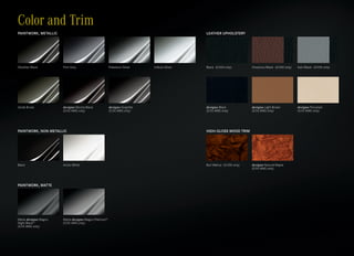 Color and Trim
PAINTWORK, METALLIC                                                                        LEATHER UPHOLSTERY




Obsidian Black        Flint Grey                       Palladium Silver   Iridium Silver   Black (G 550 only)         Chestnut/Black (G 550 only)   Ash/Black (G 550 only)




Verde Brook           designo Mocha Black              designo Graphite                    designo Black              designo Light Brown           designo Porcelain
                      (G 55 AMG only)                  (G 55 AMG only)                     (G 55 AMG only)            (G 55 AMG only)               (G 55 AMG only)




PAINTWORK, NON-METALLIC                                                                    HIGH-GLOSS WOOD TRIM




Black                 Arctic White                                                         Burl Walnut (G 550 only)   designo Natural Maple
                                                                                                                      (G 55 AMG only)




PAINTWORK, MATTE




Matte designo Magno   Matte designo Magno Platinum16
Night Black16         (G 55 AMG only)
(G 55 AMG only)
 