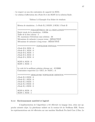87
– Le respect ou non des contraintes de capacit´e du SGM ;
– Le sch´ema d’aﬀectation des eNode B et des SGSN de la solution ﬁnale.
Tableau 5.4 Exemple d’un ﬁchier de r´esultats
R´eseau de simulation : 5 eNode B, 2 SGSN, 2 SGM, 5 Node B
************** PARAM`ETRE(S) DE LA SIMULATION**************
Dur´ee totale de la simulation : 0.0050s
Taille de la liste taboue : 5
Nb. maximum d’it´erations sans solution : 20
M´ecanisme de m´emoire `a moyen terme : D´ESACTIV´E
M´ecanisme de m´emoire `a long terme : D´ESACTIV´E
******************** TOPOLOGIE INITIALE ********************
eNode B 0, SGM : 0
eNode B 1, SGM : 0
eNode B 2, SGM : 1
eNode B 3, SGM : 0
eNode B 4, SGM : 0
SGSN 0, SGM : 0
SGSN 1, SGM : 1
Le coˆut de la meilleure solution obtenue est : 45.93006
Contraintes respect´ees ?(1=’OUI’, 0=’NON’) : 0
************** MEILLEURE TOPOLOGIE OBTENUE **************
eNode B, 0 SGM : 0
eNode B, 1 SGM : 0
eNode B, 2 SGM : 1
eNode B, 3 SGM : 0
eNode B, 4 SGM : 0
SGSN 0, SGM : 0
SGSN 1, SGM : 1
5.1.4 Environnement mat´eriel et logiciel
L’impl´ementation de l’algorithme a ´et´e eﬀectu´ee en langage Java, selon une ap-
proche orient´ee objet. La plateforme utilis´ee est la version 6.8 de NetBeans IDE. Toutes
les exp´erimentations ont ´et´e eﬀectu´ees sur une machine MacBook Pro Intel Core 2 Duo. Le
 