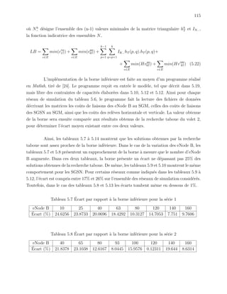 115
o`u Nh
− d´esigne l’ensemble des (n-1) valeurs minimales de la matrice triangulaire hh
T et IN− ,
la fonction indicatrice des ensembles N−
LB =
e∈E
min(ceq
17) +
e∈E
min(cgq
67) +
k−1
p=1
k
q=p+1
IK− hT (p, q).hT (p, q)+
+
e∈E
min(Hvgq
67) +
e∈E
min(Hv
gq
67) (5.22)
L’impl´ementation de la borne inf´erieure est faite au moyen d’un programme r´ealis´e
en Matlab, tir´e de [24]. Le programme re¸coit en entr´ee le mod`ele, tel que d´ecrit dans 5.19,
mais libre des contraintes de capacit´es ´elabor´ees dans 5.10, 5.12 et 5.12. Ainsi pour chaque
r´eseau de simulation du tableau 5.6, le programme fait la lecture des ﬁchiers de donn´ees
d´ecrivant les matrices les coˆuts de liaisons des eNode B au SGM, celles des coˆuts de liaisons
des SGSN au SGM, ainsi que les coˆuts des rel`eves horizontale et verticale. La valeur obtenue
de la borne sera ensuite compar´ee aux r´esultats obtenus de la recherche taboue du volet 2,
pour d´eterminer l’´ecart moyen existant entre ces deux valeurs.
Ainsi, les tableaux 5.7 `a 5.14 montrent que les solutions obtenues par la recherche
taboue sont assez proches de la borne inf´erieure. Dans le cas de la variation des eNode B, les
tableaux 5.7 et 5.8 pr´esentent un rapprochement de la borne `a mesure que le nombre d’eNode
B augmente. Dans ces deux tableaux, la borne pr´esente un ´ecart ne d´epassant pas 25% des
solutions obtenues de la recherche taboue. De mˆeme, les tableaux 5.9 et 5.10 montrent le mˆeme
comportement pour les SGSN. Pour certains r´eseaux comme indiqu´es dans les tableaux 5.9 `a
5.12, l’´ecart est compris entre 17% et 26% sur l’ensemble des r´eseaux de simulation consid´er´es.
Toutefois, dans le cas des tableaux 5.8 et 5.13 les ´ecarts tombent mˆeme en dessous de 1%.
Tableau 5.7 ´Ecart par rapport `a la borne inf´erieure pour la s´erie 1
eNode B 10 25 40 63 80 120 140 160
´Ecart (%) 24.6256 23.8733 20.0696 18.4292 10.3127 14.7053 7.751 9.7606
Tableau 5.8 ´Ecart par rapport `a la borne inf´erieure pour la s´erie 2
eNode B 40 65 80 93 100 120 140 160
´Ecart (%) 21.8378 23.1038 12.6167 8.0445 15.9576 0.12311 19.644 8.6314
 
