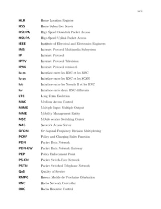xvii
HLR Home Location Register
HSS Home Subscriber Server
HSDPA High Speed Downlink Packet Access
HSUPA High-Speed Uplink Packet Access
IEEE Institute of Electrical and Electronics Engineers
IMS Internet Protocol Multimedia Subsystem
IP Internet Protocol
IPTV Internet Protocol Television
IPV6 Internet Protocol version 6
Iu-cs Interface entre les RNC et les MSC
Iu-ps Interface entre les RNC et les SGSN
Iub Interface entre les Noeuds B et les RNC
Iur Interface entre deux RNC diﬀ´erents
LTE Long Term Evolution
MAC Medium Access Control
MIMO Multiple Input Multiple Output
MME Mobility Management Entity
MSC Mobile service Switching Center
NAS Network Access Server
OFDM Orthogonal Frequency Division Multiplexing
PCRF Policy and Charging Rules Function
PDN Packet Data Network
PDN-GW Packet Data Network Gateway
PEP Policy Enforcement Point
PS-CN Packet Switch-Core Network
PSTN Packet Switched Telephone Network
QoS Quality of Service
RMPG R´eseau Mobile de Prochaine G´en´eration
RNC Radio Network Controller
RRC Radio Resource Control
 