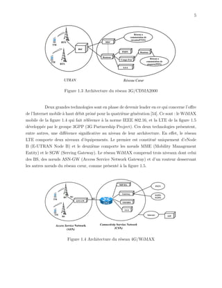 5
Figure 1.3 Architecture du r´eseau 3G/CDMA2000
Deux grandes technologies sont en phase de devenir leader en ce qui concerne l’oﬀre
de l’Internet mobile `a haut d´ebit prˆon´e pour la quatri`eme g´en´eration [54]. Ce sont : le WiMAX
mobile de la ﬁgure 1.4 qui fait r´ef´erence `a la norme IEEE 802.16, et la LTE de la ﬁgure 1.5
d´evelopp´ee par le groupe 3GPP (3G Partnership Project). Ces deux technologies pr´esentent,
entre autres, une diﬀ´erence signiﬁcative au niveau de leur architecture. En eﬀet, le r´eseau
LTE comporte deux niveaux d’´equipements. Le premier est constitu´e uniquement d’eNode
B (E-UTRAN Node B) et le deuxi`eme comporte les nœuds MME (Mobility Management
Entity) et le SGW (Serving Gateway). Le r´eseau WiMAX comprend trois niveaux dont celui
des BS, des nœuds ASN-GW (Access Service Network Gateway) et d’un routeur desservant
les autres nœuds du r´eseau cœur, comme pr´esent´e `a la ﬁgure 1.5.
Figure 1.4 Architecture du r´eseau 4G/WiMAX
 