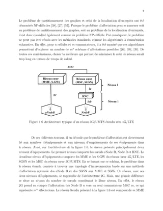 7
Le probl`eme de partitionnement des graphes et celui de la localisation d’entrepˆots ont ´et´e
d´emontr´es NP-diﬃciles [38], [27], [57]. Puisque le probl`eme d’aﬀectation peut se ramener soit
au probl`eme de partitionnement des graphes, soit au probl`eme de la localisation d’entrepˆots,
il est donc consid´er´e ´egalement comme un probl`eme NP-diﬃcile. Par cons´equent, le probl`eme
ne peut pas ˆetre r´esolu avec les m´ethodes standards, comme les algorithmes `a ´enum´eration
exhaustive. En eﬀet, pour n cellules et m commutateurs, il a ´et´e montr´e que ces algorithmes
permettent d’explorer un nombre de mn
sch´emas d’aﬀectations possibles [26], [56], [34]. De
toutes ces combinaisons, choisir la meilleure qui permet de minimiser le coˆut du r´eseau serait
trop long en termes de temps de calcul.
Figure 1.6 Architecture typique d’un r´eseau 3G/UMTS ´etendu vers 4G/LTE
De ces diﬀ´erents travaux, il en d´ecoule que le probl`eme d’aﬀectation est directement
li´e aux nombres d’´equipements et aux niveaux d’emplacements de ses ´equipements dans
le r´eseau. Ainsi, sur l’architecture de la ﬁgure 1.6, le r´eseau pr´esente principalement deux
niveaux d’´equipements. Le premier niveau comporte les nœuds eNode B, Node B et RNC. Le
deuxi`eme niveau d’´equipements comporte les MME et les S-GW du r´eseau cœur 4G/LTE, les
SGSN et les MSC du r´eseau cœur 3G/UMTS. En se basant sur ce sch´ema, le probl`eme dans
le r´eseau ´etendu consiste `a trouver une topologie d’interconnexion bas´ee sur une m´ethode
d’aﬀectation optimale des eNode B et des SGSN aux MME et SGW. Ce r´eseau, avec ses
deux niveaux d’´equipements, se rapproche de l’architecture 2G. Mais, une grande diﬀ´erence
se situe au niveau du nombre de nœuds constituant le 2`eme niveau. En eﬀet, le r´eseau
2G prend en compte l’aﬀectation des Node B n vers un seul commutateur MSC m, ce qui
repr´esente mn
aﬀectations. Le r´eseau ´etendu pr´esent´e `a la ﬁgure 1.6 est compos´e de m MME
 