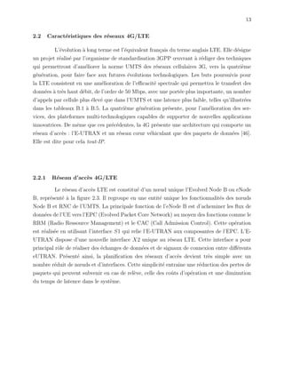 13
2.2 Caract´eristiques des r´eseaux 4G/LTE
L’´evolution `a long terme est l’´equivalent fran¸cais du terme anglais LTE. Elle d´esigne
un projet r´ealis´e par l’organisme de standardisation 3GPP œuvrant `a r´ediger des techniques
qui permettront d’am´eliorer la norme UMTS des r´eseaux cellulaires 3G, vers la quatri`eme
g´en´eration, pour faire face aux futures ´evolutions technologiques. Les buts poursuivis pour
la LTE consistent en une am´elioration de l’eﬃcacit´e spectrale qui permettra le transfert des
donn´ees `a tr`es haut d´ebit, de l’ordre de 50 Mbps, avec une port´ee plus importante, un nombre
d’appels par cellule plus ´elev´e que dans l’UMTS et une latence plus faible, telles qu’illustr´ees
dans les tableaux B.1 `a B.5. La quatri`eme g´en´eration pr´esente, pour l’am´elioration des ser-
vices, des plateformes multi-technologiques capables de supporter de nouvelles applications
innovatrices. De mˆeme que ces pr´ec´edentes, la 4G pr´esente une architecture qui comporte un
r´eseau d’acc`es : l’E-UTRAN et un r´eseau cœur v´ehiculant que des paquets de donn´ees [46].
Elle est dite pour cela tout-IP.
2.2.1 R´eseau d’acc`es 4G/LTE
Le r´eseau d’acc`es LTE est constitu´e d’un nœud unique l’Evolved Node B ou eNode
B, repr´esent´e `a la ﬁgure 2.3. Il regroupe en une entit´e unique les fonctionnalit´es des nœuds
Node B et RNC de l’UMTS. La principale fonction de l’eNode B est d’acheminer les ﬂux de
donn´ees de l’UE vers l’EPC (Evolved Packet Core Network) au moyen des fonctions comme le
RRM (Radio Ressource Management) et le CAC (Call Admission Control). Cette op´eration
est r´ealis´ee en utilisant l’interface S1 qui relie l’E-UTRAN aux composantes de l’EPC. L’E-
UTRAN dispose d’une nouvelle interface X2 unique au r´eseau LTE. Cette interface a pour
principal rˆole de r´ealiser des ´echanges de donn´ees et de signaux de connexion entre diﬀ´erents
eUTRAN. Pr´esent´e ainsi, la planiﬁcation des r´eseaux d’acc`es devient tr`es simple avec un
nombre r´eduit de nœuds et d’interfaces. Cette simplicit´e entraˆıne une r´eduction des pertes de
paquets qui peuvent subvenir en cas de rel`eve, celle des coˆuts d’op´eration et une diminution
du temps de latence dans le syst`eme.
 