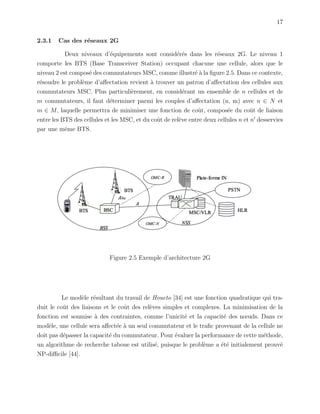 17
2.3.1 Cas des r´eseaux 2G
Deux niveaux d’´equipements sont consid´er´es dans les r´eseaux 2G. Le niveau 1
comporte les BTS (Base Transceiver Station) occupant chacune une cellule, alors que le
niveau 2 est compos´e des commutateurs MSC, comme illustr´e `a la ﬁgure 2.5. Dans ce contexte,
r´esoudre le probl`eme d’aﬀectation revient `a trouver un patron d’aﬀectation des cellules aux
commutateurs MSC. Plus particuli`erement, en consid´erant un ensemble de n cellules et de
m commutateurs, il faut d´eterminer parmi les couples d’aﬀectation (n, m) avec n ∈ N et
m ∈ M, laquelle permettra de minimiser une fonction de coˆut, compos´ee du coˆut de liaison
entre les BTS des cellules et les MSC, et du coˆut de rel`eve entre deux cellules n et n desservies
par une mˆeme BTS.
Figure 2.5 Exemple d’architecture 2G
Le mod`ele r´esultant du travail de Houeto [34] est une fonction quadratique qui tra-
duit le coˆut des liaisons et le coˆut des rel`eves simples et complexes. La minimisation de la
fonction est soumise `a des contraintes, comme l’unicit´e et la capacit´e des nœuds. Dans ce
mod`ele, une cellule sera aﬀect´ee `a un seul commutateur et le traﬁc provenant de la cellule ne
doit pas d´epasser la capacit´e du commutateur. Pour ´evaluer la performance de cette m´ethode,
un algorithme de recherche taboue est utilis´e, puisque le probl`eme a ´et´e initialement prouv´e
NP-diﬃcile [44].
 