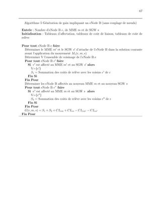 67
Algorithme 5 G´en´eration de gain impliquant un eNode B (sans couplage de nœuds)
Entr´ee : Nombre d’eNode B e, de MME m et de SGW s
Initialisation : Tableaux d’aﬀectation, tableaux de coˆut de liaison, tableaux de coˆut de
rel`eve
Pour tout eNode B e faire
D´eterminer le MME m et le SGW s d’attache de l’eNode B dans la solution courante
avant l’application du mouvement M1(e, m, s)
D´eterminer V l’ensemble de voisinage de l’eNode B e
Pour tout eNode B e faire
Si e est aﬀect´e au MME m et au SGW s alors
V={e }
S1 = Sommation des coˆuts de rel`eve avec les voisins e de e
Fin Si
Fin Pour
D´eterminer les eNode B aﬀect´es au nouveau MME m et au nouveau SGW s
Pour tout eNode B e” faire
Si e” est aﬀect´e au MME m et au SGW s alors
V={e }
S2 = Sommation des coˆuts de rel`eve avec les voisins e de e
Fin Si
Fin Pour
G(e, m, s) = S1 + S2 + CLem + CLes − CLem − CLes
Fin Pour
 