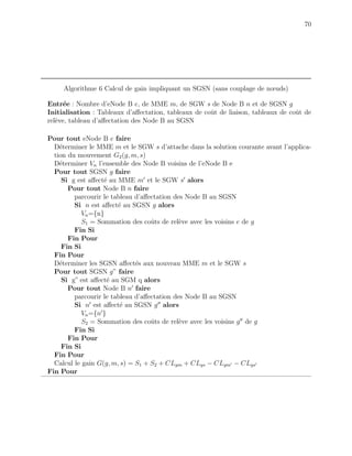 70
Algorithme 6 Calcul de gain impliquant un SGSN (sans couplage de nœuds)
Entr´ee : Nombre d’eNode B e, de MME m, de SGW s de Node B n et de SGSN g
Initialisation : Tableaux d’aﬀectation, tableaux de coˆut de liaison, tableaux de coˆut de
rel`eve, tableau d’aﬀectation des Node B au SGSN
Pour tout eNode B e faire
D´eterminer le MME m et le SGW s d’attache dans la solution courante avant l’applica-
tion du mouvement G2(g, m, s)
D´eterminer Vn l’ensemble des Node B voisins de l’eNode B e
Pour tout SGSN g faire
Si g est aﬀect´e au MME m et le SGW s alors
Pour tout Node B n faire
parcourir le tableau d’aﬀectation des Node B au SGSN
Si n est aﬀect´e au SGSN g alors
Vn={n}
S1 = Sommation des coˆuts de rel`eve avec les voisins e de g
Fin Si
Fin Pour
Fin Si
Fin Pour
D´eterminer les SGSN aﬀect´es aux nouveau MME m et le SGW s
Pour tout SGSN g” faire
Si g” est aﬀect´e au SGM q alors
Pour tout Node B n faire
parcourir le tableau d’aﬀectation des Node B au SGSN
Si n est aﬀect´e au SGSN g alors
Vn={n }
S2 = Sommation des coˆuts de rel`eve avec les voisins g de g
Fin Si
Fin Pour
Fin Si
Fin Pour
Calcul le gain G(g, m, s) = S1 + S2 + CLgm + CLgs − CLgm − CLgs
Fin Pour
 