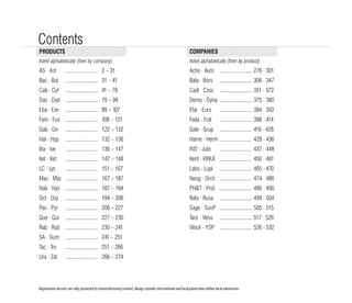 Contents
PRODUCTS                                                                                                     COMPANIES
listed alphabetically (then by company)                                                                      listed alphabetically (then by product)
AS - Azt           ........................ 2 – 31                                                           Ache - Auro ........................ 276 - 301
Bac - But          ........................ 31 – 41                                                          Bata - Bors          ........................ 306 - 347
Cab - Cyt          ........................ 41 – 79                                                          Cadi - Cosc ........................ 351 - 372
Dac - Dyd ........................ 79 – 99                                                                   Demo - Dyna ........................ 375 - 380
Eba - Eze          ........................ 99 – 107                                                         Efar - Euro          ........................ 384 - 392
Fam - Fus ........................ 108 – 121                                                                 Fada - Frat          ........................ 398 - 414
Gab - Gri          ........................ 122 – 132                                                        Gale - Grup          ........................ 416 - 428
Hal - Hyp          ........................ 132 – 136                                                        Hame - Herm ........................ 428 - 436
Iba - Ive          ........................ 136 – 147                                                        IND - Jubi           ........................ 437 - 448
Ket - Ket          ........................ 147 – 148                                                        Kent - KRKA ........................ 450 - 461
LC - Lys           ........................ 151 – 167                                                        Labo - Lupi          ........................ 465 - 470
Mac - Myc ........................ 167 – 187                                                                 Neog - Orch ........................ 474 - 486
Nab - Nys ........................ 187 – 194                                                                 PH&T - Prol ........................ 486 - 496
Oct - Ozy          ........................ 194 – 206                                                        Rafa - Rusa          ........................ 499 - 504
Pac - Pyr          ........................ 206 – 227                                                        Sage - SunP ........................ 505 - 515
Que - Qui          ........................ 227 – 230                                                        Taro - Venu          ........................ 517 - 526
Rab - Rub ........................ 230 – 241                                                                 Wock - YSP ........................ 526 - 532
SA - Sum           ........................ 241 – 251
Tac - Tro          ........................ 251 – 266
Ura - Zal          ........................ 266 – 274




Registration dossiers are only promoted by Genericlicensing Limited; always consider international and local patent laws before local submission.
 