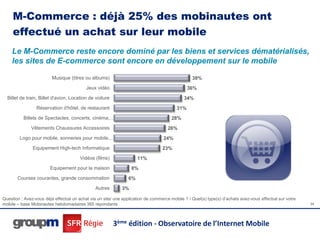 M-Commerce : déjà 25% des mobinautes ont
     effectué un achat sur leur mobile
    Le M-Commerce reste encore dominé par les biens et services dématérialisés,
    les sites de E-commerce sont encore en développement sur le mobile

                         Musique (titres ou albums)                                             38%
                                          Jeux vidéo                                          36%
  Billet de train, Billet d'avion, Location de voiture                                      34%
                 Réservation d'hôtel, de restaurant                                     31%
          Billets de Spectacles, concerts, cinéma,…                                  28%
              Vêtements Chaussures Accessoires                                      26%
        Logo pour mobile, sonneries pour mobile,…                                24%
               Equipement High-tech Informatique                                 23%
                                       Vidéos (films)                11%
                        Equipement pour la maison                8%
       Courses courantes, grande consommation                   6%
                                               Autres       3%

Question : Avez-vous déjà effectué un achat via un site/ une application de commerce mobile ? / Quel(s) type(s) d’achats avez-vous effectué sur votre
mobile – base Mobinautes hebdomadaires 365 répondants                                                                                                   34




                                                         3ème édition - Observatoire de l’Internet Mobile
 