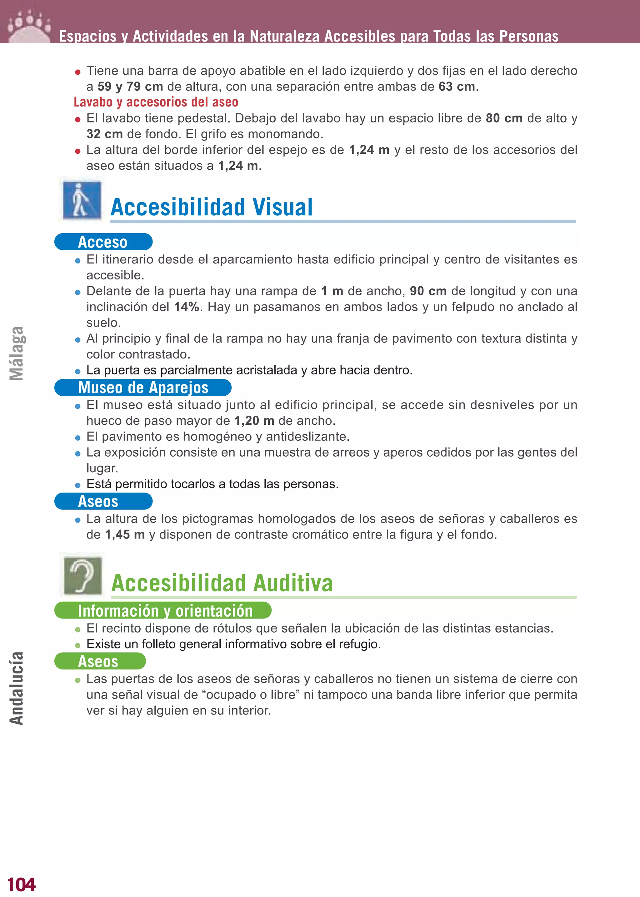 Guía_Completa       22/8/11     14:30    Página 104




            Espacios y Actividades en la Naturaleza Accesibles para Todas las Personas

                Tiene una barra de apoyo abatible en el lado izquierdo y dos fijas en el lado derecho
                a 59 y 79 cm de altura, con una separación entre ambas de 63 cm.
              Lavabo y accesorios del aseo
                El lavabo tiene pedestal. Debajo del lavabo hay un espacio libre de 80 cm de alto y
                32 cm de fondo. El grifo es monomando.
                La altura del borde inferior del espejo es de 1,24 m y el resto de los accesorios del
                aseo están situados a 1,24 m.


                    Accesibilidad Visual
              Acceso
                El itinerario desde el aparcamiento hasta edificio principal y centro de visitantes es
                accesible.
                Delante de la puerta hay una rampa de 1 m de ancho, 90 cm de longitud y con una
                inclinación del 14%. Hay un pasamanos en ambos lados y un felpudo no anclado al
                suelo.
Málaga




                Al principio y final de la rampa no hay una franja de pavimento con textura distinta y
                color contrastado.
                La puerta es parcialmente acristalada y abre hacia dentro.
              Museo de Aparejos
                El museo está situado junto al edificio principal, se accede sin desniveles por un
                hueco de paso mayor de 1,20 m de ancho.
                El pavimento es homogéneo y antideslizante.
                La exposición consiste en una muestra de arreos y aperos cedidos por las gentes del
                lugar.
                Está permitido tocarlos a todas las personas.
              Aseos
                La altura de los pictogramas homologados de los aseos de señoras y caballeros es
                de 1,45 m y disponen de contraste cromático entre la figura y el fondo.



                    Accesibilidad Auditiva
              Información y orientación
                El recinto dispone de rótulos que señalen la ubicación de las distintas estancias.
                Existe un folleto general informativo sobre el refugio.
Andalucía




              Aseos
                Las puertas de los aseos de señoras y caballeros no tienen un sistema de cierre con
                una señal visual de “ocupado o libre” ni tampoco una banda libre inferior que permita
                ver si hay alguien en su interior.




104
 