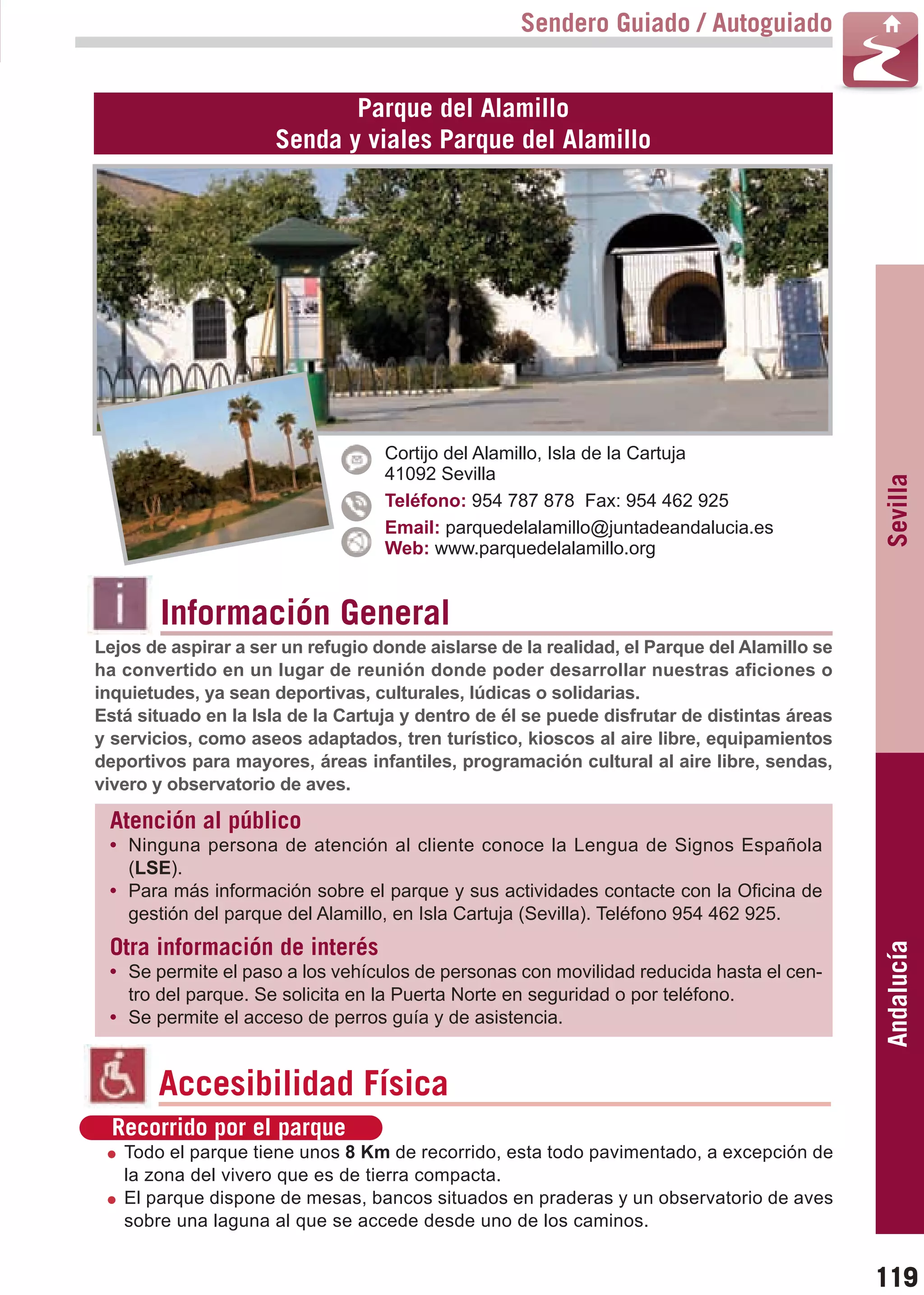 Guía_Completa   22/8/11    14:31    Página 119



                                                           Sendero Guiado / Autoguiado


                                     Parque del Alamillo
                              Senda y viales Parque del Alamillo




                                           Cortijo del Alamillo, Isla de la Cartuja
                                           41092 Sevilla




                                                                                                     Sevilla
                                           Teléfono: 954 787 878 Fax: 954 462 925
                                           Email: parquedelalamillo@juntadeandalucia.es
                                           Web: www.parquedelalamillo.org


                Información General
        Lejos de aspirar a ser un refugio donde aislarse de la realidad, el Parque del Alamillo se
        ha convertido en un lugar de reunión donde poder desarrollar nuestras aficiones o
        inquietudes, ya sean deportivas, culturales, lúdicas o solidarias.
        Está situado en la Isla de la Cartuja y dentro de él se puede disfrutar de distintas áreas
        y servicios, como aseos adaptados, tren turístico, kioscos al aire libre, equipamientos
        deportivos para mayores, áreas infantiles, programación cultural al aire libre, sendas,
        vivero y observatorio de aves.

         Atención al público
         • Ninguna persona de atención al cliente conoce la Lengua de Signos Española
           (LSE).
         • Para más información sobre el parque y sus actividades contacte con la Oficina de
           gestión del parque del Alamillo, en Isla Cartuja (Sevilla). Teléfono 954 462 925.
         Otra información de interés
                                                                                                     Andalucía

         • Se permite el paso a los vehículos de personas con movilidad reducida hasta el cen-
           tro del parque. Se solicita en la Puerta Norte en seguridad o por teléfono.
         • Se permite el acceso de perros guía y de asistencia.


                Accesibilidad Física
          Recorrido por el parque
           Todo el parque tiene unos 8 Km de recorrido, esta todo pavimentado, a excepción de
           la zona del vivero que es de tierra compacta.
           El parque dispone de mesas, bancos situados en praderas y un observatorio de aves
           sobre una laguna al que se accede desde uno de los caminos.


                                                                                                     119
 