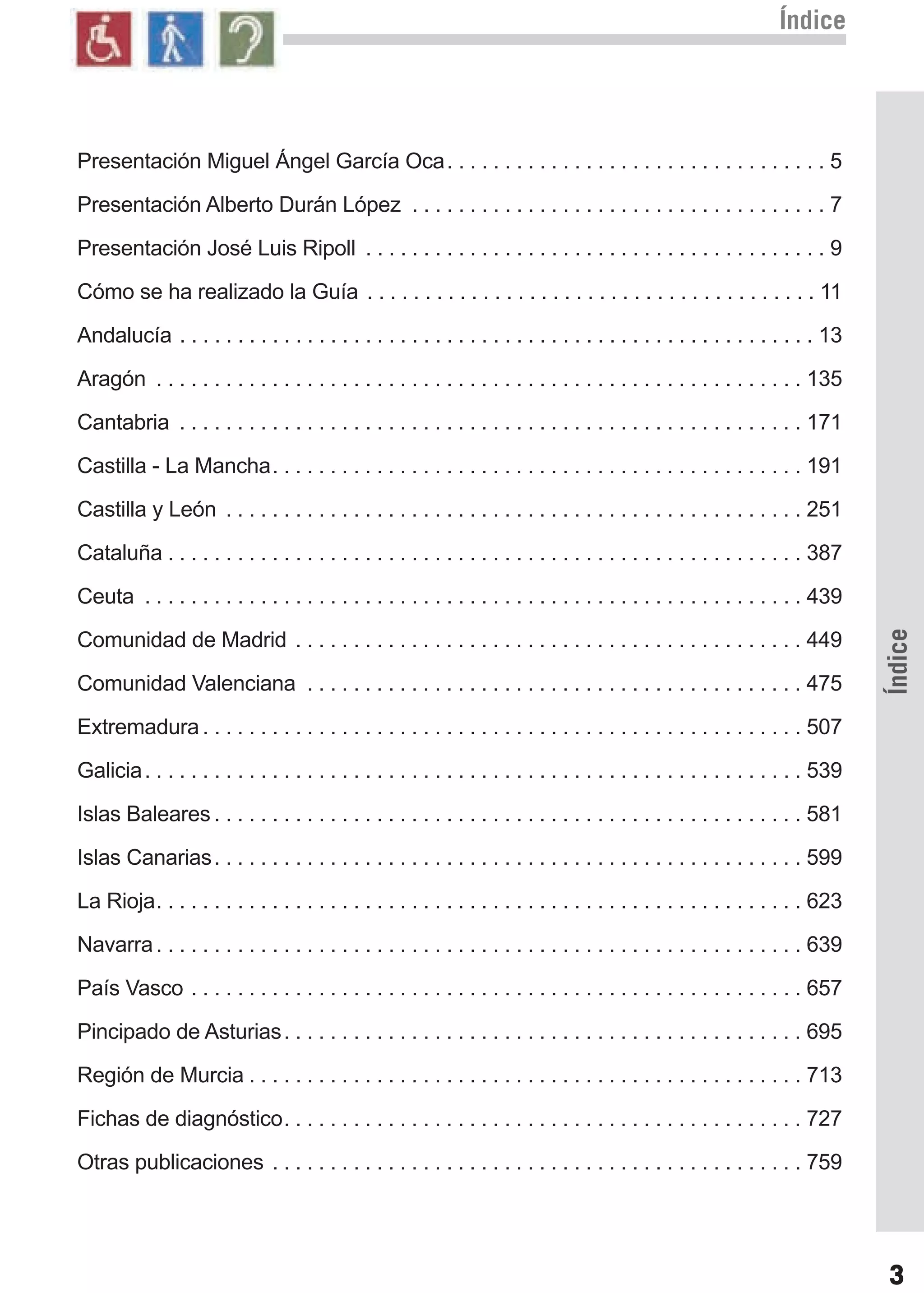 Guía_Completa       23/8/11        08:42       Página 3



                                                                                                                        Índice




      Presentación Miguel Ángel García Oca. . . . . . . . . . . . . . . . . . . . . . . . . . . . . . . . . 5

      Presentación Alberto Durán López . . . . . . . . . . . . . . . . . . . . . . . . . . . . . . . . . . . . 7

      Presentación José Luis Ripoll . . . . . . . . . . . . . . . . . . . . . . . . . . . . . . . . . . . . . . . . 9

      Cómo se ha realizado la Guía . . . . . . . . . . . . . . . . . . . . . . . . . . . . . . . . . . . . . . . 11

      Andalucía . . . . . . . . . . . . . . . . . . . . . . . . . . . . . . . . . . . . . . . . . . . . . . . . . . . . . . . 13

      Aragón . . . . . . . . . . . . . . . . . . . . . . . . . . . . . . . . . . . . . . . . . . . . . . . . . . . . . . . . 135

      Cantabria . . . . . . . . . . . . . . . . . . . . . . . . . . . . . . . . . . . . . . . . . . . . . . . . . . . . . . 171

      Castilla - La Mancha. . . . . . . . . . . . . . . . . . . . . . . . . . . . . . . . . . . . . . . . . . . . . . 191

      Castilla y León . . . . . . . . . . . . . . . . . . . . . . . . . . . . . . . . . . . . . . . . . . . . . . . . . . 251

      Cataluña . . . . . . . . . . . . . . . . . . . . . . . . . . . . . . . . . . . . . . . . . . . . . . . . . . . . . . . 387

      Ceuta . . . . . . . . . . . . . . . . . . . . . . . . . . . . . . . . . . . . . . . . . . . . . . . . . . . . . . . . . 439




                                                                                                                                      Índice
      Comunidad de Madrid . . . . . . . . . . . . . . . . . . . . . . . . . . . . . . . . . . . . . . . . . . . . 449

      Comunidad Valenciana . . . . . . . . . . . . . . . . . . . . . . . . . . . . . . . . . . . . . . . . . . . 475

      Extremadura . . . . . . . . . . . . . . . . . . . . . . . . . . . . . . . . . . . . . . . . . . . . . . . . . . . . 507

      Galicia . . . . . . . . . . . . . . . . . . . . . . . . . . . . . . . . . . . . . . . . . . . . . . . . . . . . . . . . . 539

      Islas Baleares . . . . . . . . . . . . . . . . . . . . . . . . . . . . . . . . . . . . . . . . . . . . . . . . . . . 581

      Islas Canarias . . . . . . . . . . . . . . . . . . . . . . . . . . . . . . . . . . . . . . . . . . . . . . . . . . . 599

      La Rioja. . . . . . . . . . . . . . . . . . . . . . . . . . . . . . . . . . . . . . . . . . . . . . . . . . . . . . . . 623

      Navarra . . . . . . . . . . . . . . . . . . . . . . . . . . . . . . . . . . . . . . . . . . . . . . . . . . . . . . . . 639

      País Vasco . . . . . . . . . . . . . . . . . . . . . . . . . . . . . . . . . . . . . . . . . . . . . . . . . . . . . 657

      Pincipado de Asturias . . . . . . . . . . . . . . . . . . . . . . . . . . . . . . . . . . . . . . . . . . . . . 695

      Región de Murcia . . . . . . . . . . . . . . . . . . . . . . . . . . . . . . . . . . . . . . . . . . . . . . . . 713

      Fichas de diagnóstico. . . . . . . . . . . . . . . . . . . . . . . . . . . . . . . . . . . . . . . . . . . . . 727

      Otras publicaciones . . . . . . . . . . . . . . . . . . . . . . . . . . . . . . . . . . . . . . . . . . . . . . 759




                                                                                                                                      3
 