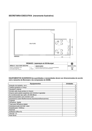SECRETARIA EXECUTIVA (meramente ilustrativo)




EQUIPAMENTOS SUGERIDOS (as quantidades e necessidades devem ser dimensionadas de acordo
com o tamanho do Município e da composição do GGIM)

                                Equipamentos                       Unidades
Estação de trabalho em L                                                      2
Cadeira giratória c/ braço                                                    2
Gaveteiro volante                                                             2
Armário alto duas portas (c/ chave)                                           2
Arquivo para pasta suspensa com mínimo 4 gavetas                              1
Ar condicionado tipo split ( 20.000 Btus)                                     1
Microcomputador com monitor LCD                                               2
Impressora Laser Multifuncional (impressora/fax/scanner)                      1
Frigobar                                                                      1
Filmadora digital                                                             1
Tripé para filmadora digital                                                  1
Impressora jato de tinta color                                                1
Estabilizador 1000kva                                                         2
Nobreak                                                                       1
Software-Office SL                                                            4
Veículo 1.0                                                                   1
Note Book                                                                     1
 
