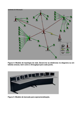 Figura 4: Modelo de topologia de rede. Deverá ter as distâncias no diagrama ou em
tabelas anexas, bem como o throughput para cada ponto.




Figura 5: Modelo de bancada para operacionalização.
 