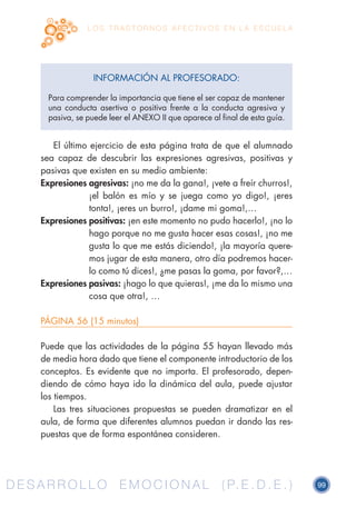 D E S A R R O L L O E M O C I O N A L ( P. E . D . E . ) 99D E S A R R O L L O E M O C I O N A L ( P. E . D . E . )
L O S T R A S T O R N O S A F E C T I V O S E N L A E S C U E L A
El último ejercicio de esta página trata de que el alumnado
sea capaz de descubrir las expresiones agresivas, positivas y
pasivas que existen en su medio ambiente:
Expresiones agresivas: ¡no me da la gana!, ¡vete a freír churros!,
¡el balón es mío y se juega como yo digo!, ¡eres
tonta!, ¡eres un burro!, ¡dame mi goma!,…
Expresiones positivas: ¡en este momento no pudo hacerlo!, ¡no lo
hago porque no me gusta hacer esas cosas!, ¡no me
gusta lo que me estás diciendo!, ¡la mayoría quere-
mos jugar de esta manera, otro día podremos hacer-
lo como tú dices!, ¿me pasas la goma, por favor?,…
Expresiones pasivas: ¡hago lo que quieras!, ¡me da lo mismo una
cosa que otra!, …
PÁGINA 56 (15 minutos)
Puede que las actividades de la página 55 hayan llevado más
de media hora dado que tiene el componente introductorio de los
conceptos. Es evidente que no importa. El profesorado, depen-
diendo de cómo haya ido la dinámica del aula, puede ajustar
los tiempos.
Las tres situaciones propuestas se pueden dramatizar en el
aula, de forma que diferentes alumnos puedan ir dando las res-
puestas que de forma espontánea consideren.
INFORMACIÓN AL PROFESORADO:
Para comprender la importancia que tiene el ser capaz de mantener
una conducta asertiva o positiva frente a la conducta agresiva y
pasiva, se puede leer el ANEXO II que aparece al final de esta guía.
 