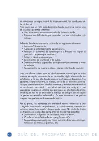 130 G U Í A D E L P R O G R A M A E S C O L A R D EG U Í A D E L P R O G R A M A E S C O L A R D E
las conductas de agresividad, la hiperactividad, las conductas an-
tisociales, etc.
Para decir que un niño está deprimido ha de mostrar al menos uno
de los dos siguientes síntomas:
•	Una tristeza excesiva o un estado de ánimo irritable.
•	Disminución del interés que mostraba por sus actividades coti-
dianas.
Además, ha de mostrar otros cuatro de los siguientes síntomas:
•	Insomnio/hipersomnia.
•	Agitación o enlentecimiento psicomotores.
•	Pérdida (o aumento) de apetito/peso o fracaso en lograr la
ganancia de peso que se espera.
•	Fatiga o pérdida de energía.
•	Sentimientos de inutilidad o de culpa.
•	Disminución de la capacidad para pensar/concentrarse o tener
indecisión.
•	Pensamientos de muerte o ideas, planes, intentos de suicidio.
Hay que darse cuenta que es absolutamente normal que un niño
muestre en algún momento de su desarrollo algún síntoma de los
señalados, y no por ello ha de padecer un trastorno depresivo. No
obstante, cuando muestra, al menos, cinco de los síntomas anterio-
res que permanecen más de dos semanas, y comienza a resentirse
su rendimiento académico, las relaciones con sus amigos, o con
sus padres (cuando el síntoma que prevalece es el estado de ánimo
irritable), se nos ha de encender la luz roja de peligro, con el objeto
de poner los remedios adecuados. En este momento sí se podría
aceptar que padece un trastorno depresivo.
Por su parte, los trastornos de ansiedad hacen referencia a una
categoría muy amplia de problemas, y cada trastorno presenta sus
síntomas específicos que lo diferencia del resto. No obstante, todos
los trastornos de ansiedad comparten al menos tres aspectos:
•	Sentimientos subjetivos de inquietud, miedo o terror.
•	Conductas manifiestas de escape y/o evitación.
•	Respuestas psicofisiológicas como mareos, dolor de estómago,
temblores de manos o piernas, etc.
 
