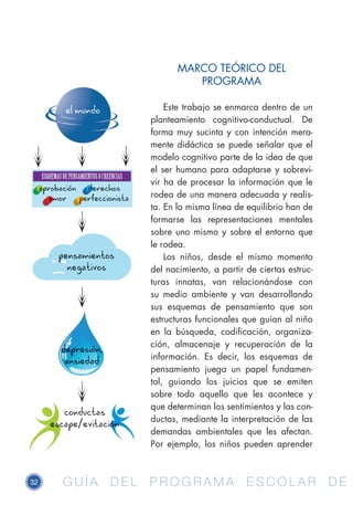 32 G U Í A D E L P R O G R A M A E S C O L A R D EG U Í A D E L P R O G R A M A E S C O L A R D E
MARCO TEÓRICO DEL
PROGRAMA
Este trabajo se enmarca dentro de un
planteamiento cognitivo-conductual. De
forma muy sucinta y con intención mera-
mente didáctica se puede señalar que el
modelo cognitivo parte de la idea de que
el ser humano para adaptarse y sobrevi-
vir ha de procesar la información que le
rodea de una manera adecuada y realis-
ta. En la misma línea de equilibrio han de
formarse las representaciones mentales
sobre uno mismo y sobre el entorno que
le rodea.
Los niños, desde el mismo momento
del nacimiento, a partir de ciertas estruc-
turas innatas, van relacionándose con
su medio ambiente y van desarrollando
sus esquemas de pensamiento que son
estructuras funcionales que guían al niño
en la búsqueda, codificación, organiza-
ción, almacenaje y recuperación de la
información. Es decir, los esquemas de
pensamiento juega un papel fundamen-
tal, guiando los juicios que se emiten
sobre todo aquello que les acontece y
que determinan los sentimientos y las con-
ductas, mediante la interpretación de las
demandas ambientales que les afectan.
Por ejemplo, los niños pueden aprender
 