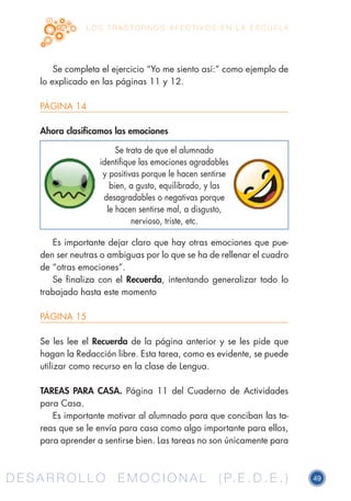 D E S A R R O L L O E M O C I O N A L ( P. E . D . E . ) 49D E S A R R O L L O E M O C I O N A L ( P. E . D . E . )
L O S T R A S T O R N O S A F E C T I V O S E N L A E S C U E L A
Se completa el ejercicio “Yo me siento así:” como ejemplo de
lo explicado en las páginas 11 y 12.
PÁGINA 14
Ahora clasificamos las emociones
Es importante dejar claro que hay otras emociones que pue-
den ser neutras o ambiguas por lo que se ha de rellenar el cuadro
de “otras emociones”.
Se finaliza con el Recuerda, intentando generalizar todo lo
trabajado hasta este momento
PÁGINA 15
Se les lee el Recuerda de la página anterior y se les pide que
hagan la Redacción libre. Esta tarea, como es evidente, se puede
utilizar como recurso en la clase de Lengua.
TAREAS PARA CASA. Página 11 del Cuaderno de Actividades
para Casa.
Es importante motivar al alumnado para que conciban las ta-
reas que se le envía para casa como algo importante para ellos,
para aprender a sentirse bien. Las tareas no son únicamente para
Se trata de que el alumnado
identifique las emociones agradables
y positivas porque le hacen sentirse
bien, a gusto, equilibrado, y las
desagradables o negativas porque
le hacen sentirse mal, a disgusto,
nervioso, triste, etc.
 