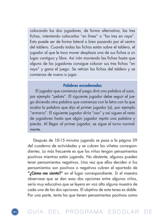 80 G U Í A D E L P R O G R A M A E S C O L A R D EG U Í A D E L P R O G R A M A E S C O L A R D E
colocando los dos jugadores, de forma alternativa, las tres
fichas, intentando colocarlas “en línea” o “las tres en raya”.
Esto puede ser de forma lateral o bien pasando por el centro
del tablero. Cuando todas las fichas están sobre el tablero, el
jugador al que le toca mover desplaza una de sus fichas a un
lugar contiguo y libre. Así irán moviendo las fichas hasta que
alguno de los jugadores consigue colocar sus tres fichas “en
raya” y gana el juego. Se retiran las fichas del tablero y se
comienza de nuevo a jugar.
Palabras encadenadas
El jugador que comienza el juego dirá una palabra al azar,
por ejemplo “pelota”. El siguiente jugador debe seguir el jue-
go diciendo otra palabra que comienza con la letra con la que
acaba la palabra que dijo el primer jugador (a), por ejemplo
“armario”. El siguiente jugador diría “oso” y así siguen el resto
de jugadores hasta que algún jugador repita una palabra y
pierda. Al llegar al primer jugador, se sigue el turno normal-
mente.
Después de 10-15 minutos jugando se pasa a la página 39
del cuaderno de actividades y se cubren las viñetas correspon-
dientes. Lo más frecuente es que los niños tengan pensamientos
positivos mientras están jugando. No obstante, algunos pueden
tener pensamientos negativos. Una vez que ellos deciden si los
pensamientos son positivos o negativos cubren el apartado de
“¿Cómo me siento?” en el lugar correspondiente. Si el maestro
observase que se dan esas dos opciones entre algunos niños,
sería muy educativo que se leyera en voz alta alguna muestra de
cada una de las dos opciones. El objetivo de esta tarea es doble.
Por una parte, tanto los que tienen pensamientos positivos como
 
