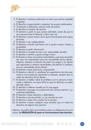 D E S A R R O L L O E M O C I O N A L ( P. E . D . E . ) 93D E S A R R O L L O E M O C I O N A L ( P. E . D . E . )
L O S T R A S T O R N O S A F E C T I V O S E N L A E S C U E L A
3.	El derecho a rechazar peticiones sin tener que sentirse culpable
o egoísta.
4.	El derecho a experimentar y expresar tus propios sentimientos.
5. El derecho a detenerte y pensar antes de actuar.
6.	El derecho a cambiar de opinión.
7.	El derecho a pedir lo que quieres (dándote cuenta de que la
otra persona tiene el derecho a decir que no).
8.	El derecho a hacer menos de lo que humanamente eres capaz
de hacer.
9.	El derecho a ser independiente.
10.	El derecho a decidir qué hacer con tu propio cuerpo, tiempo y
propiedad.
11.	El derecho a pedir información.
12.	El derecho a cometer errores y ser responsables de ellos.
13.	El derecho a sentirte a gusto contigo mismo.
14.	El derecho a tener tus propias necesidades y que esas necesida-
des sean tan importantes como las necesidades de los demás.
Además, tenemos el derecho de pedir (no exigir) a los demás
que respondan a nuestras necesidades y de decidir sí satisface-
mos las necesidades de los demás.
15.	El derecho a tener opiniones y expresarlas.
16.	El derecho a decidir si satisfaces las expectativas de otras per-
sonas o si te comportas siguiendo tus intereses -siempre que no
violes los derechos de los demás.
17.	El derecho a hablar sobre el problema con la persona involu-
crada y aclararlo, en casos límite en que los derechos no están
del todo claros.
18.	El derecho a obtener aquello por lo que pagas.
19.	El derecho a escoger no comportarte de manera asertiva o so-
cialmente habilidosa.
20.	El derecho a tener derechos y defenderlos.
21.	El derecho a ser escuchado y a ser tomado en serio.
22.	El derecho a estar solo cuando así lo escojas.
23.	El derecho a hacer cualquier cosa mientras que no violes los
derechos de alguna otra persona.
Además, se podría decir que también existe una obligación con uno
mismo: La OBLIGACIÓN de poner en funcionamiento estos derechos.
 