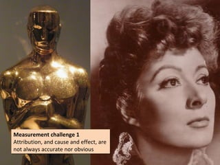 Measurement challenge 1
Measurement challenge 1
Attribution, and cause and effect, are
Attribution, and cause and effect, are
not always accurate nor obvious
not always accurate nor obvious
 