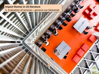Impact themes in LIS literature
Impact themes in LIS literature
1. Evaluation of services – general use (debated)
1. Evaluation of services – general use (debated)
 