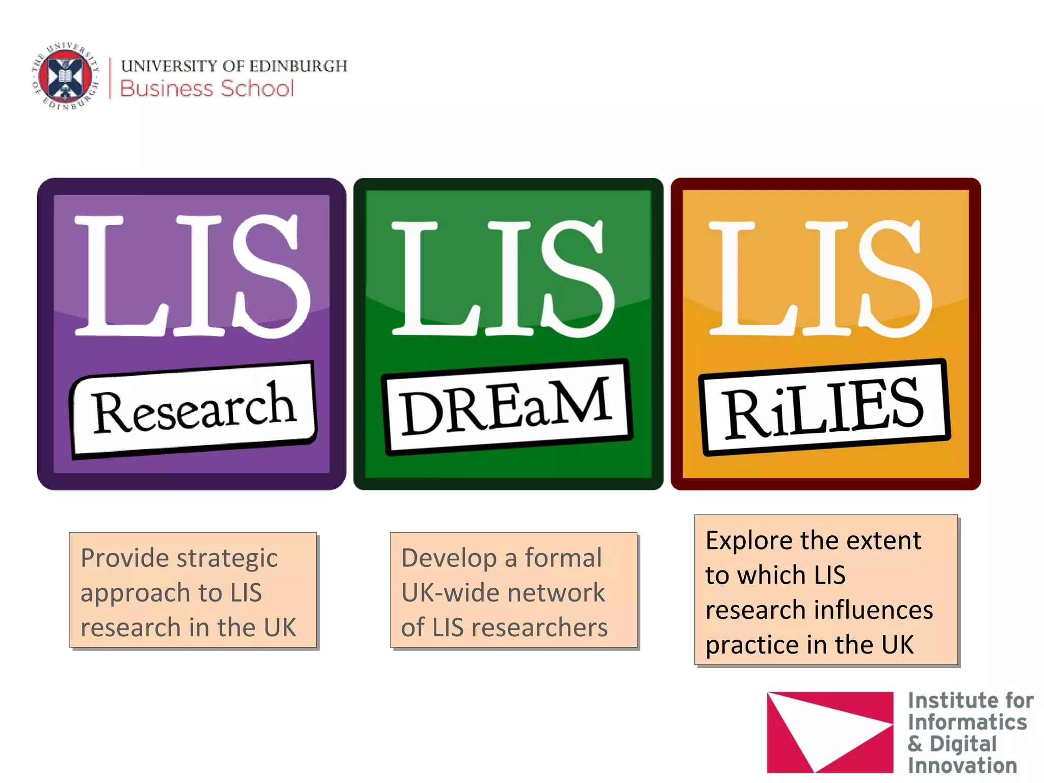 Explore the extent
                                          Explore the extent
Provide strategic
Provide strategic    Develop a formal
                     Develop a formal     to which LIS
                                          to which LIS
approach to LIS
approach to LIS      UK-wide network
                     UK-wide network      research influences
                                          research influences
research in the UK
research in the UK   of LIS researchers
                     of LIS researchers   practice in the UK
                                          practice in the UK
 