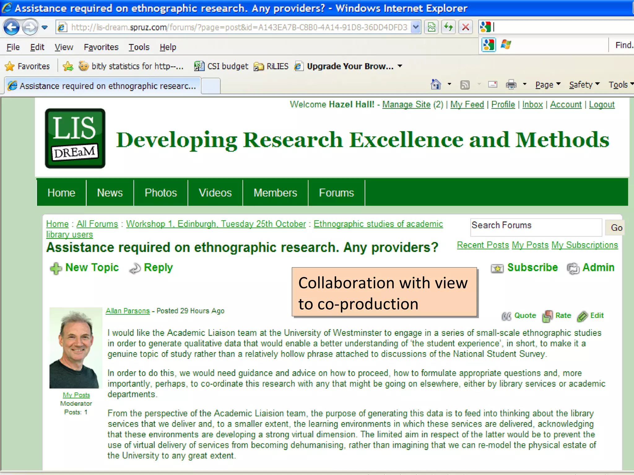 Community building
                                        Community building
                                        Networking based on
                                        Networking based on
                                        career stage
                                        career stage



           Meeting, making
           Meeting, making
           connections as peers
           connections as peers


                          Collaboration with view
                          Collaboration with view
                          to co-production
                          to co-production

Community building
Community building
Networking based on
Networking based on
a particular interest
a particular interest
 